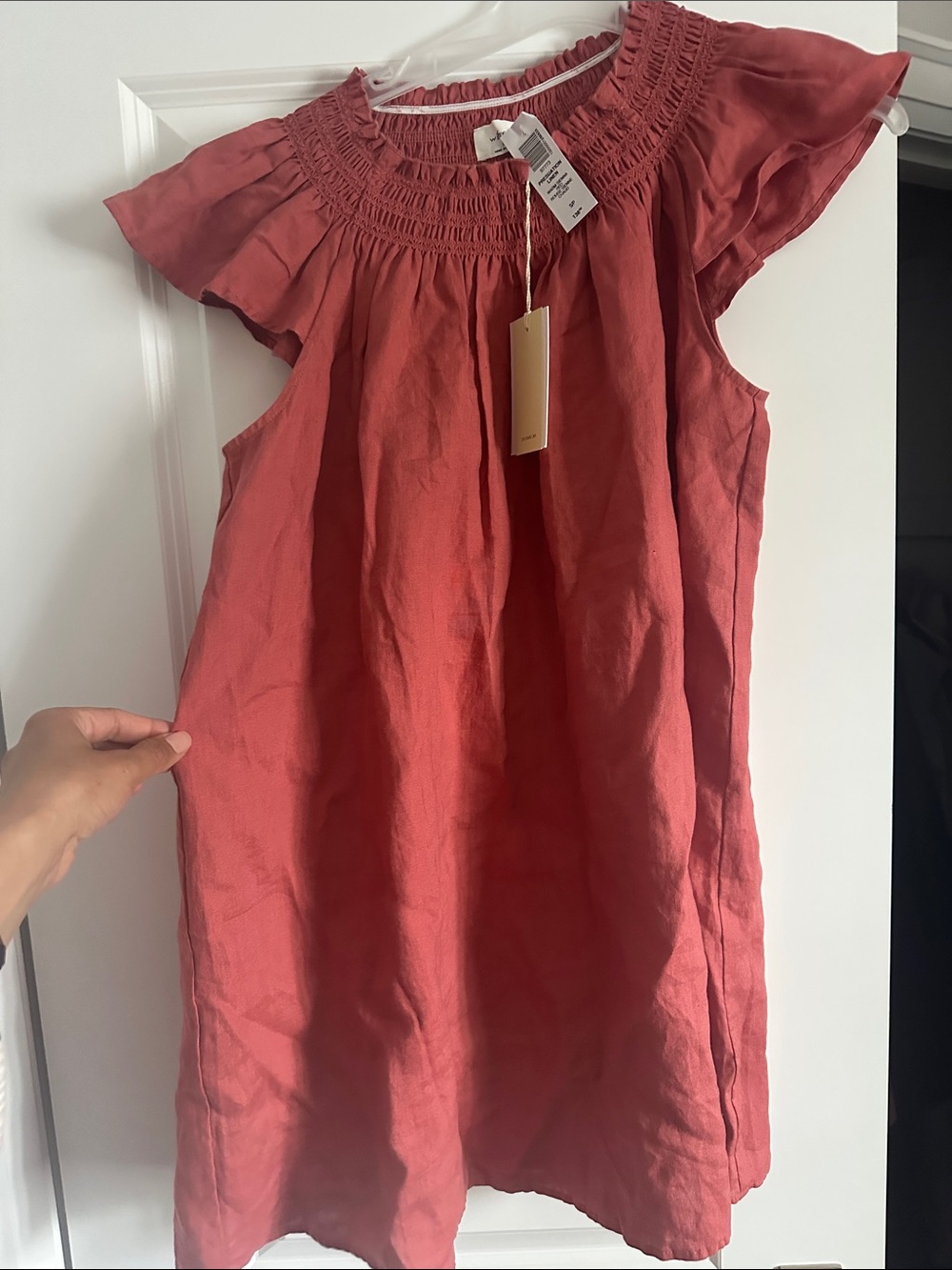 Wilfred Terracotta Red Smocked Neck Flutter Sleeve Dress